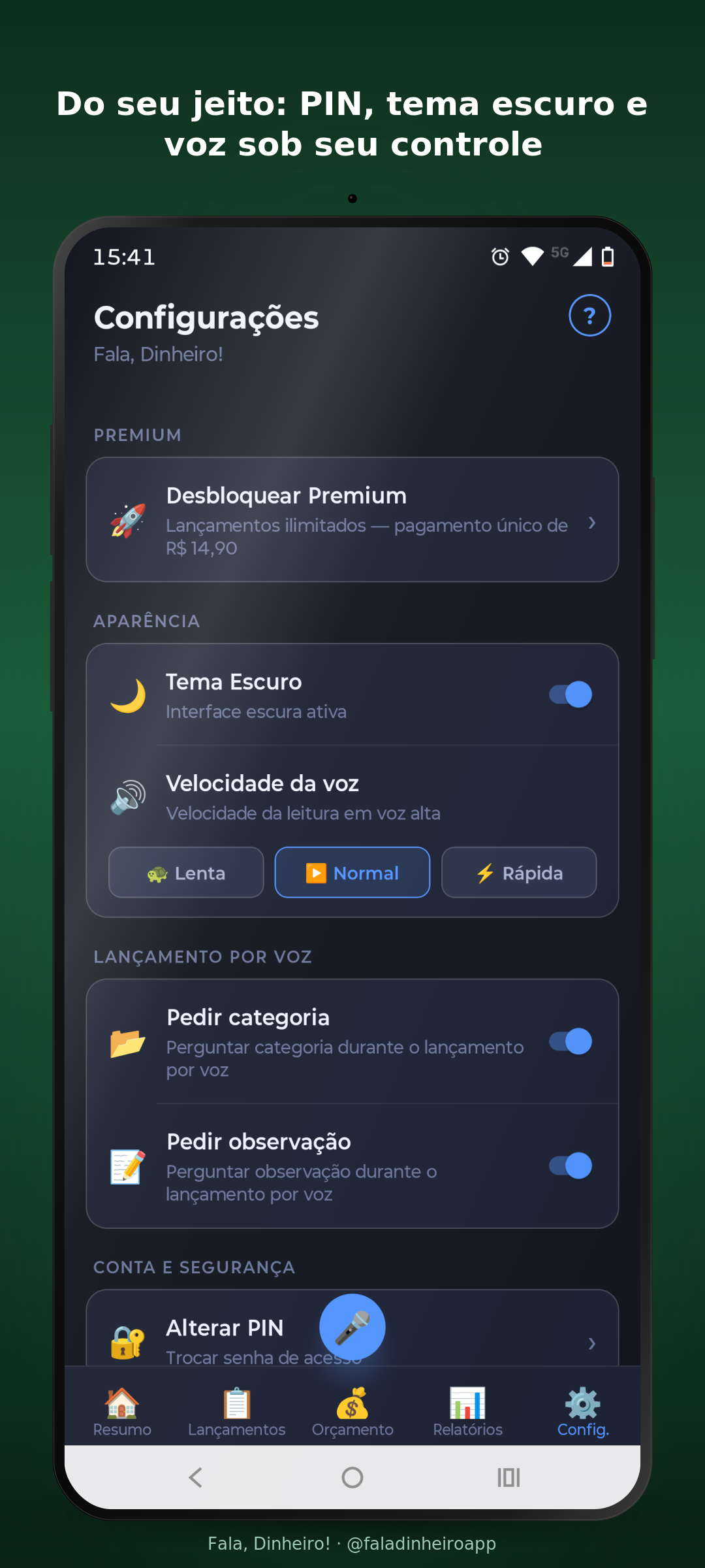 Tela de configurações, com backup no Google Drive