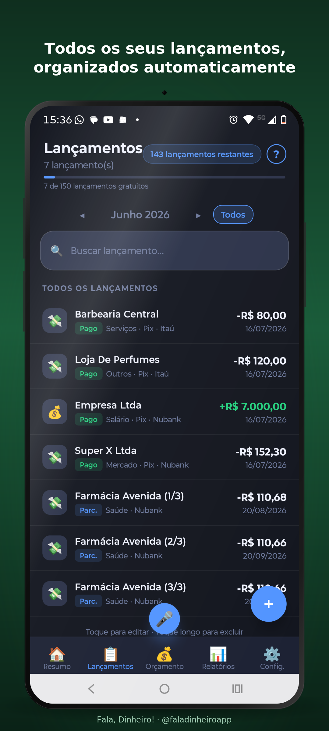 Lista de lançamentos do app