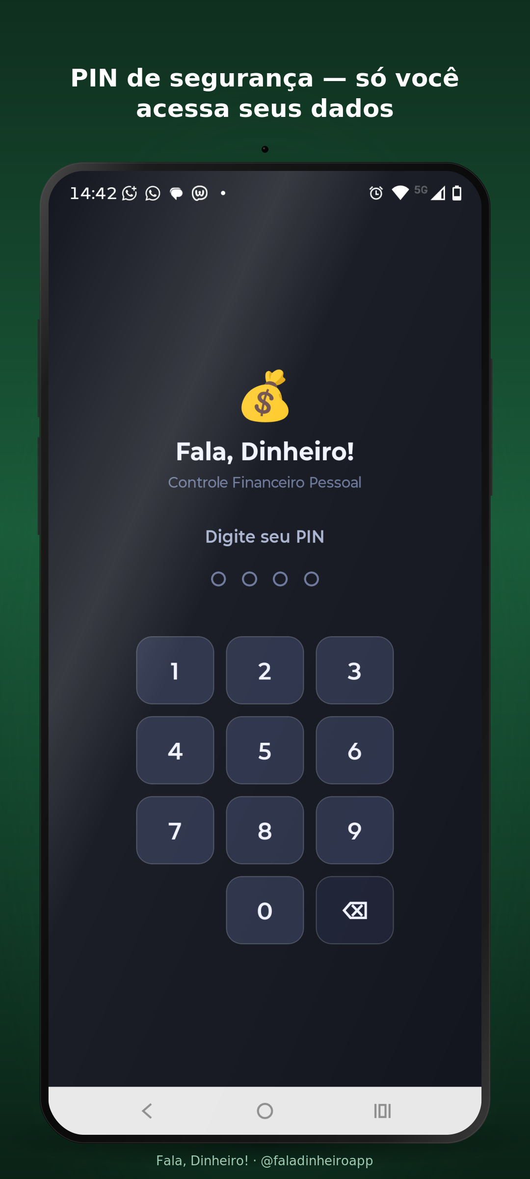 Tela de PIN de segurança do app
