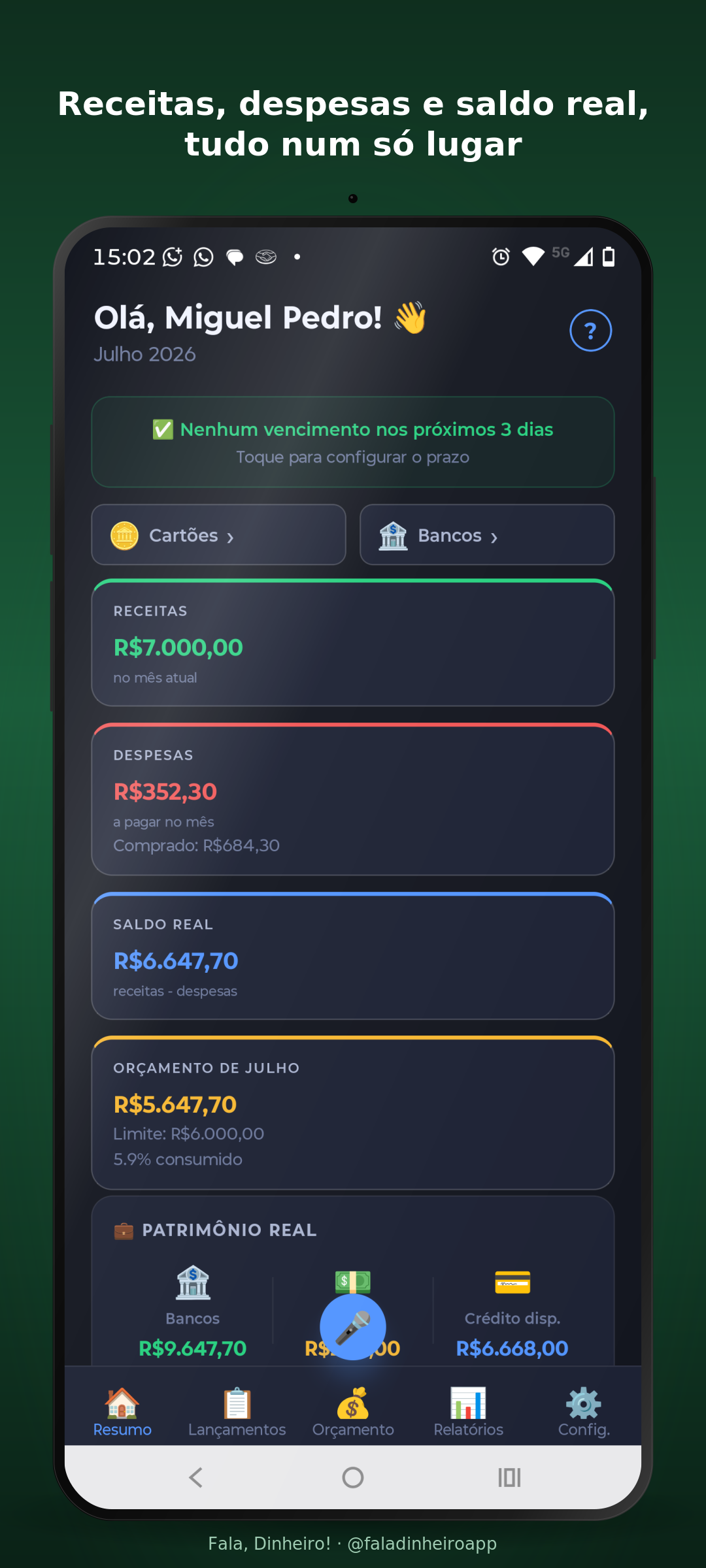 Tela de resumo do Fala, Dinheiro! mostrando receitas, despesas e saldo real